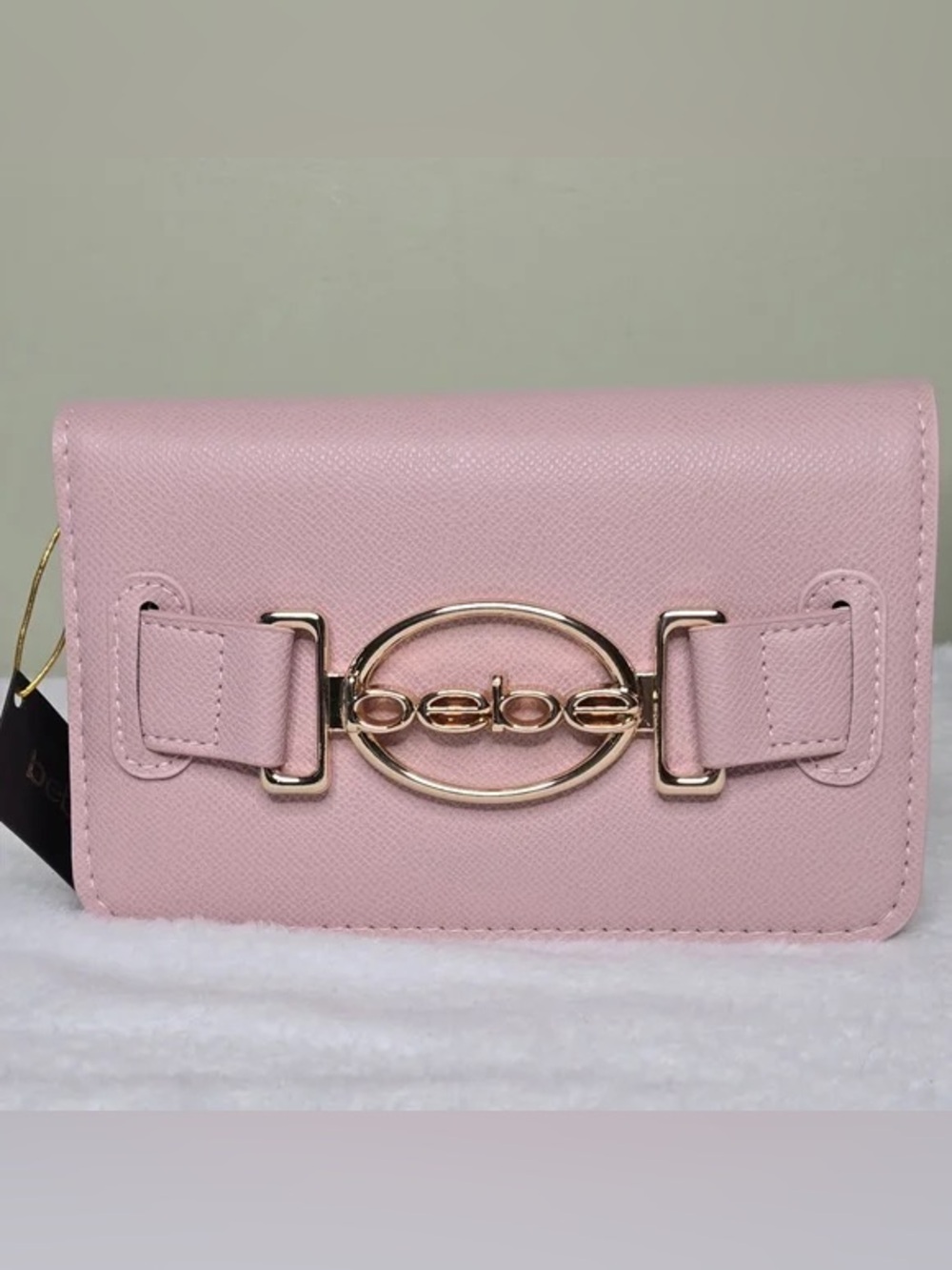 Bebe Blush Pink Leather Clutch with Gold Oval Logo